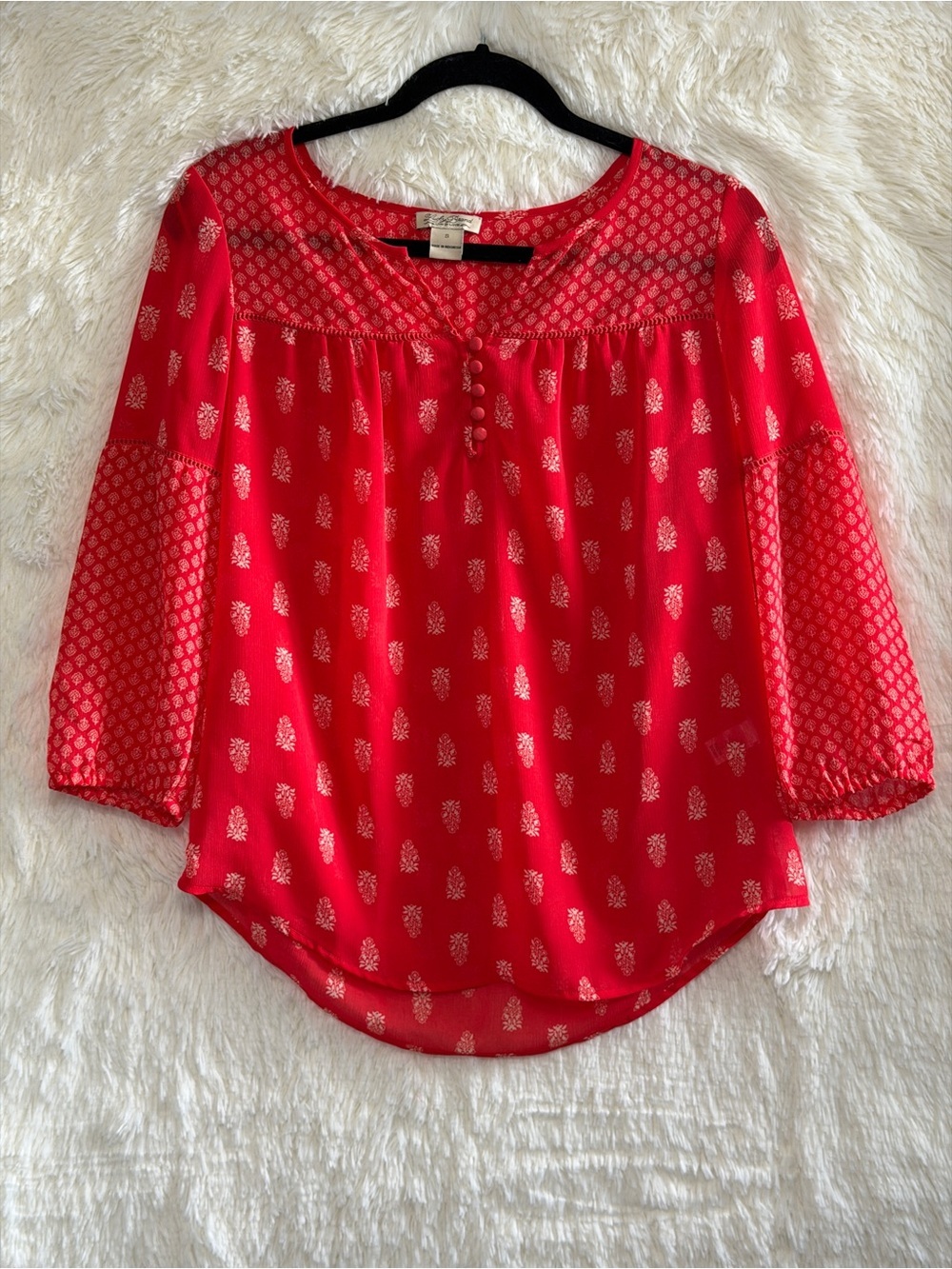 Lucky Brand Womens Boho Peasant Blouse Size S Red Floral Elastic Cuffs Buttons